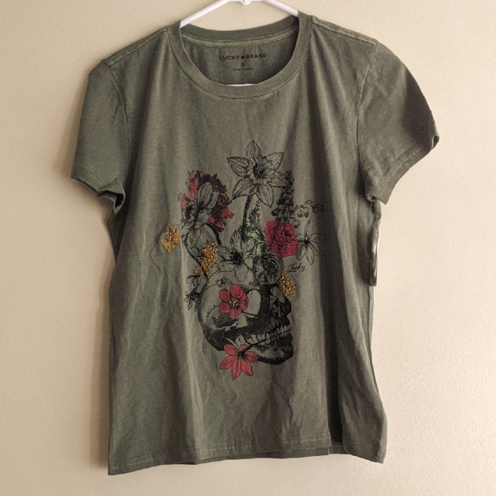 Lucky Brand Green Floral Skull Tee
